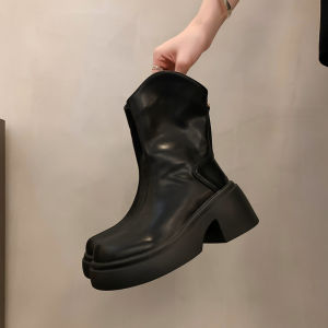 Knee-high Womens Boots Autumn Winter New V-notch Thick Heel Slim Short Boots High Tube Knight Boots Fashionable Waterproof