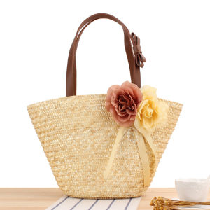 New Style Floral Straw Weaving Single Shoulder Beach Bag Womens Handbag Pure Color Fashionable Handmade Wheat Straw Basket