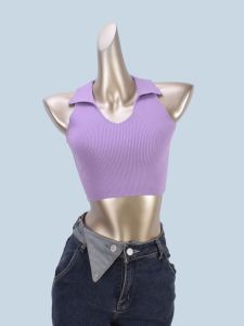 Retro สไตล์อเมริกันสีบริสุทธิ์เอวสูงเสื้อกั๊กสลิงสําหรับผู้หญิงแขนสั้นถักด้านบนสวมใส่สบายๆอเนกประสงค์