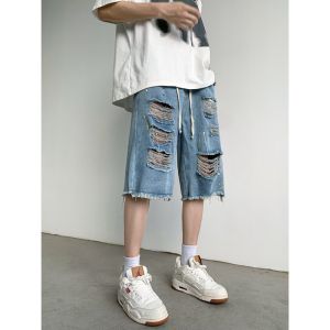 Washed Spray Ink Ripped Denim Shorts Men Summer Thin Loose American Style Design Sensation Frayed Five-Quarter Middle Pants