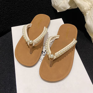 Womens Summer Outdoor Sandals 2025 New Pearl Soft Flat Bottom Beach Holiday Thong Slippers Korean Style Youth Casual Slip-On