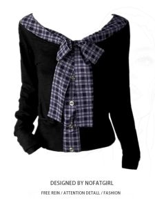 plus Size Womens Plaid Butterfly Knot V-Neck Long Sleeve T-Shirt Autumn New Design Splicing Fashion Top Korean Style Slim Fit