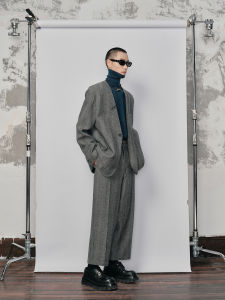 NANS Retro Mixed Color Zigzag Pattern One Button Heavyweight Full Wool Single Face No Collar Suit/Nine-Piece Pants Mens Fashion Winter Set