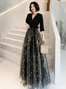 ชุดการแสดงคอรัสสีดำยาวหรูหราสำหรับผู้หญิง ชุดราตรียาว เดรสทรงเอ กระโปรงทรงบาน ชุดราตรีวันเกิด