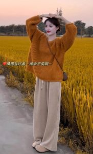 ฤดูใบไม้ร่วง ฤดูหนาว ผู้หญิง เสื้อสเวตเตอร์ถัก หลวม คอกลมแขนยาวพอดี นุ่ม หนาขึ้น Cuffed Orange เสื้อสวม สบาย เสื้อผ้าถัก