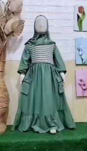 Gamis Anak Perempuan Kinara Salur Kombinasi Bahan Polo Linen Mix Knit Caramel Usia 3-11 Tahun Sudah Satu Set Hijab Polos - Baju Anak Syari Muslimah Lebaran