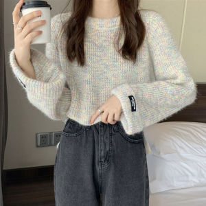 เสื้อสเวตเตอร์ถักแขนกระดิ่งหลวมๆ อบอุ่นสำหรับผู้หญิง ฤดูใบไม้ร่วง 2025 คอตั้ง สไตล์เกาหลี แขนยาว ปกติ