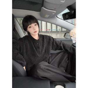 เสื้อสเวตเตอร์คอฮันซ่าสีดำทรงหลวมสำหรับผู้ชาย เสื้อยืดลายกระดูกปลา สไตล์อเมริกัน แฟชั่นฤดูใบไม้ผลิและฤดูใบไม้ร่วง เสื้อผ้าลำลอง