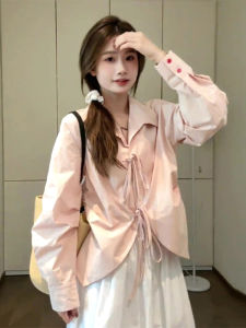Korean Style Gentle Shirt Spring Autumn New Style Turn Collar Belt Design Waist in Slimming Personality Top Long Sleeve