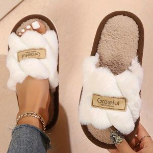 Womens Plush Fuzzy Slippers Home Fur Open-Toe Slides Autumn Winter Indoor Silent Comfort EVA Soft-Soled Bedroom Warm Flip Flops