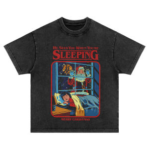 Washed Vintage Heavyweight Pure Cotton Christmas Santa Loose Fit Short Sleeve T-Shirt Hoodie Tshirt Youth Popular Casual Style