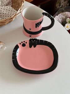 Hand-Painted Korean Style Ceramic Cat Paw Cup And Plate Birthday Gift for Classmates And Teachers Universal Cartoon Animal Design