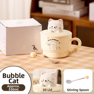 Cute Cat Ceramic Mug with Lid and Spoon Large Capacity