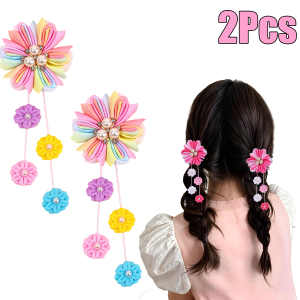 2Pcs Flower Hair Clips Sweet Pearls Rainbow Floral Tassel Hairpins Cute Barrette For Girls Kids Headdress Headwear Accessories