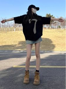 American Style Retro Black Short Sleeve T-Shirt Women Summer New Design Loose Slimming Top Couple Matching Korean Version