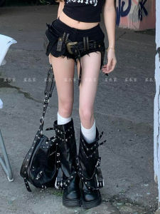 Low Waist Workwear Pants Womens Y2K Millennium Style Spicy Girl Belt Buckle Distressed Denim Shorts Classic American Retro Heavy Design Sense