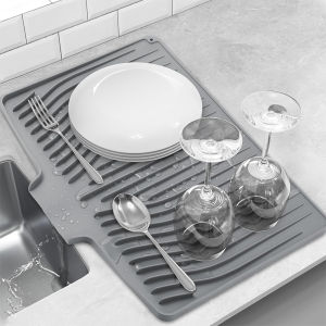 LMETJMA Silicone Dish Drying Mat for Kitchen Counter Non-Slip Drainer Pad with Built-in Drain Kitchen Drying Mat Dish Drying Pad