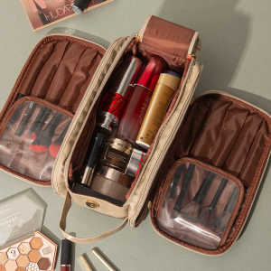 Large Capacity Portable Travel Makeup Bag Womens Cosmetic Brush Toiletries Storage Bag Fashionable And Practical PU Leather