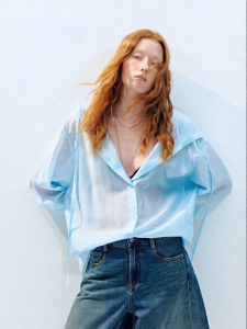 MO&Co. | Cool Lightweight Loose Hooded Translucent Tencel Shirt