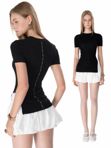 offsoul | Áo ThunSlim Fit Kiểu Châu Âu Cổ Bất Đối Xứng Đính Hột Rhinestone