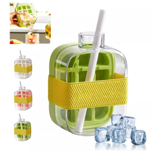 Ice Cube Bottle with Straw 2 In 1 Touch-Free Push-Type Ice Cube Making Bottle Easy Release Water Bottle Ice Mold