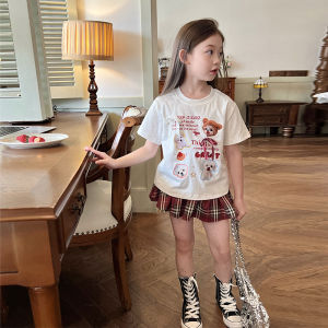 Pure Cotton Short Sleeve T-Shirt for Girls Summer Childrens Clothing Baby Print Top Korean Style Butterfly Knot Element