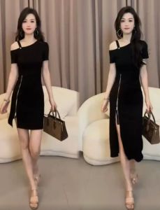Slim-fit off-shoulder slit dress new summer style waist-cinching and slimming skirt