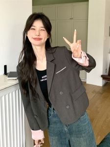 Gray New Chinese Style Short Suit Jacket Womens Spring Autumn 2025 New Version National Style Button Western Style Top for Small Figures