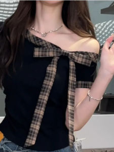 Sweet Korean Style Striped Short Sleeve T-Shirt Womens Fashion Butterfly Knot Slim Fit Shoulder Bared Top Summer Commute Wear