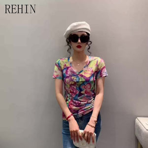 REHIN Womens top Summer new fashion mesh printing short-sleeved V-neck T-shirt Slim thin S-3XL elegant blouse