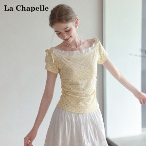 La Chapelle | Dot Print Off-Shoulder Lace Trim Short Sleeve T-Shirt