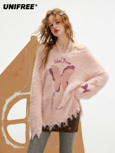 unifree | Áo Sweater Mô Phỏng Lông Chồn V Neck Hoặc Off Shoulder Đẹp Ấm Áp
