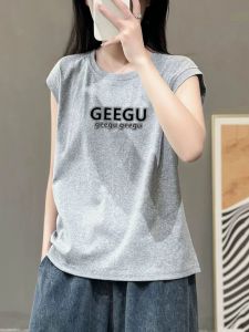 100% Pure Cotton Casual All-Matching Sleeveless Summer New round Neck K-style Loose T-shirt Plus Size Slim Fit Versatile Top