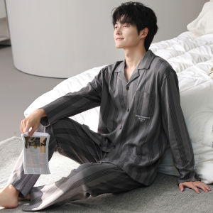 plus Size Sleepwear Set for Men Long Sleeve V-Neck Spring Autumn Cardigan Cotton Home Clothes Comfortable Breathable Mens Pajamas