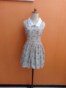 mini dress wanita biru muda pastel M cewek motif burung berkerah cute remaja dewasa