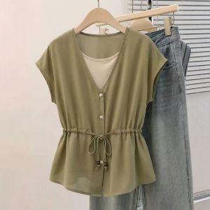 Slimming V-neck Two-Piece Look Short Sleeve Shirt