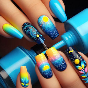 24pcs/set Medium Long Fake Nails for Summer Autumn Winter Gradient Purple Blue Starry Sky Sunset Flower Y2K Press On False Nails