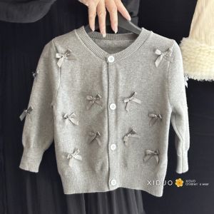 Girls Knitted Open Cardigan Sweet Butterfly Knot Design Sweater Jacket 2024 Style Korean Version Long Sleeve round Neck