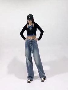 Luna Shop พร้อมส่งจากกทม มาถึงใน 3-5 วัน กางเกงยีนส์ เอวสูง กางเกงยีนส์ทรงตรง สำหรับผู้หญิง ดีไซน์ กางเกงขากว้างทรง สลิม Y2K