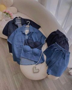 sét đùi bò 3 chi tiết cúp ngưc/ sét jean nữ 3 món áo bra phối đùi kèm khoác denim