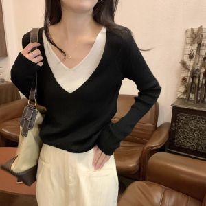 HUOLISI | V Neck Long Sleeve Faux Two-piece Lazy Style Knitwear Innerwear
