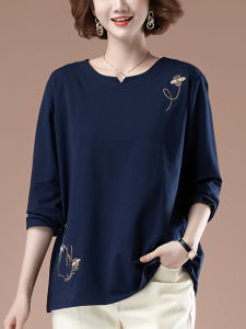 Spring & Fall Long Sleeves Pure Cotton Womens T-shirt Middle-Aged Ladieswear plus Size Loose Tummy Hiding Slimming Embroidered Crew Neck Tops
