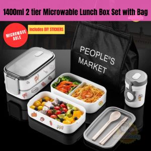 🔥[READY STOCKS]🔥1400 ml 2-tier White Anti Leak Microwave Safe Lunch Box with Cutlery Set + Bag + 330ml Soup Cup (stickers)便当饭盒+餐具+保温带袋+汤杯