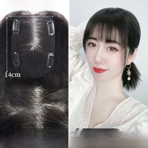 Defancy | Lightweight Breathable Full Real Hair Top Piece Womens Swiss Weave Hand Knitted Fluffy High Cranial Cover Grey Hair Wig Piece