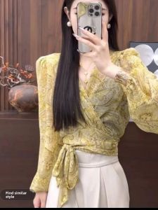 Elegant Floral Print V-Neck Short Shirt Womens Summer Style Slim Fit Long Sleeve Casual Business Office Wear Top