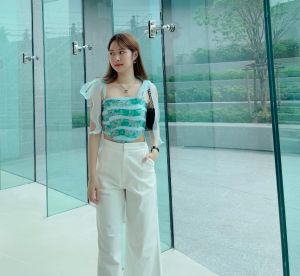 Dressupcorner เสื้อฟ้าแถบเขียว ผูกไหล่ DCN01092