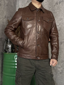 American Retro 507 Workwear Leather Jacket Wax Sensation Top Layer Goat Skin Collar Short Genuine Leather Biker Coat