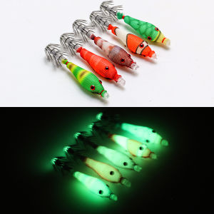 5Pcs Glow in The Dark Squid Jigs Hook 6cm Luminous Squid Lure Bait with Blow Tube Sharp Squid Hook for Saltwater Sea Fishing