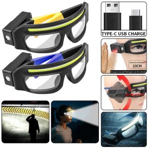 2 in 1 Safety Glasses with LED Light COB+XTE Bright Rechargeable Type C Headlamp Anti Fog Protective Eyewear for Cycling Fishing