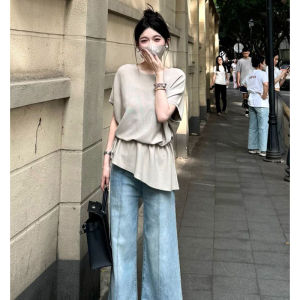 YUEZHONGWEI | French Style Round Neck Ice Silk Short Sleeve Knitted Top Women Summer Slimming Design Half Sleeve Top Waist Cinching Effect